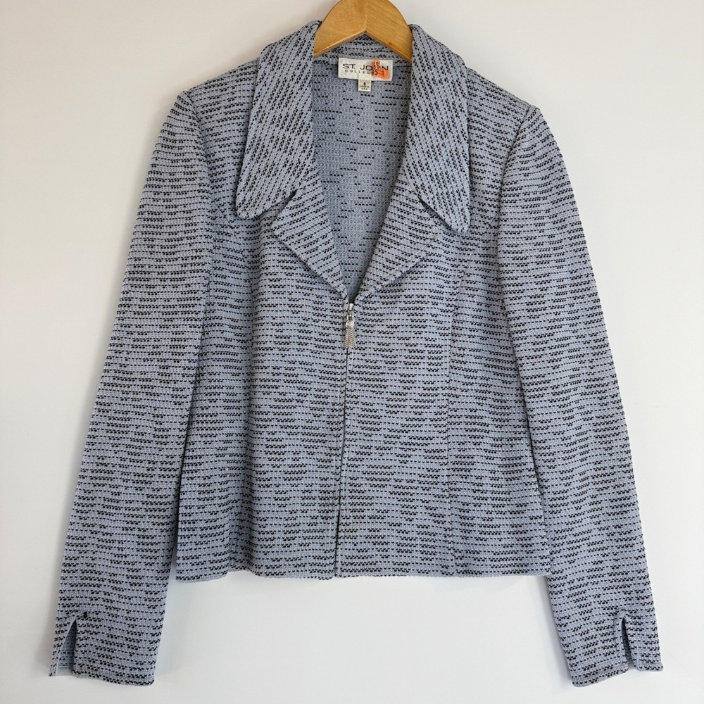 St John Collection Knit‎ Jacket Womens 8 Blue Black Tassel Zip Textured